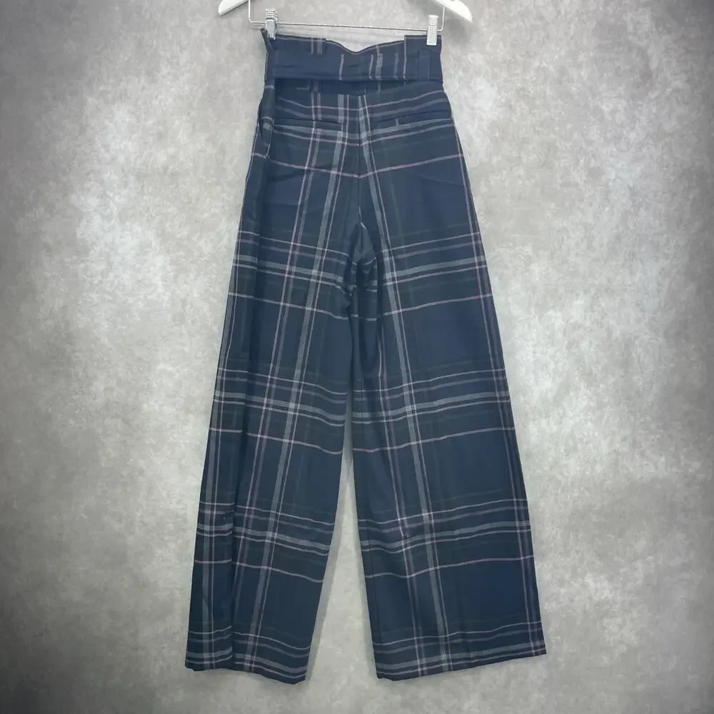 NY & Co 7th Ave 28x33 Women 2 Navy Pink Plaid Pants High Waist Wide Leg Academia - Picture 4 of 10